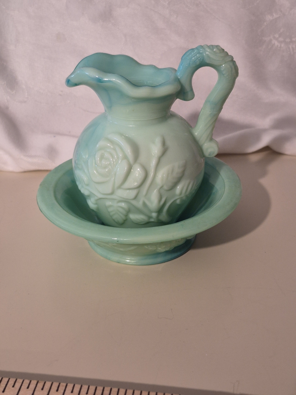 Avon Aqua Green Floral Ceramic Pitcher and Basin
